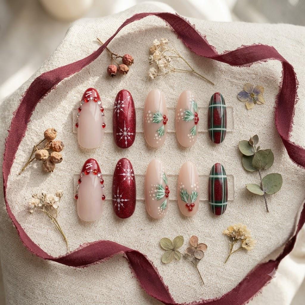 Christmas Red Glitter Snowflake, Holly and Plaid Nail Set