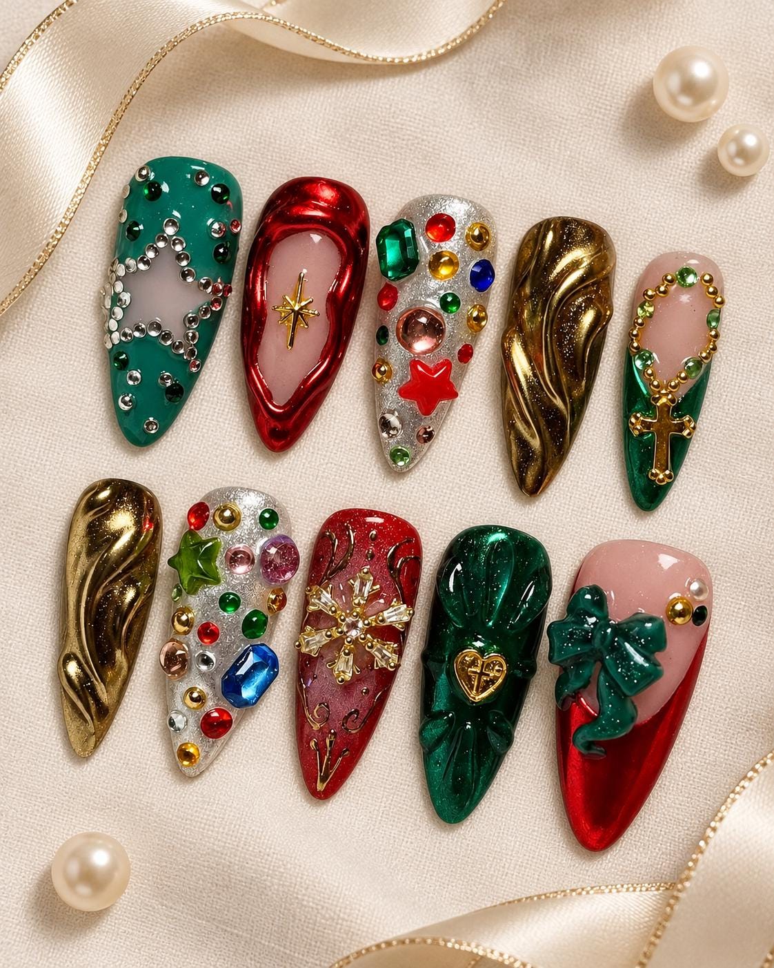 Christmas Red, Green and Gold 3D Charm Press On Nails