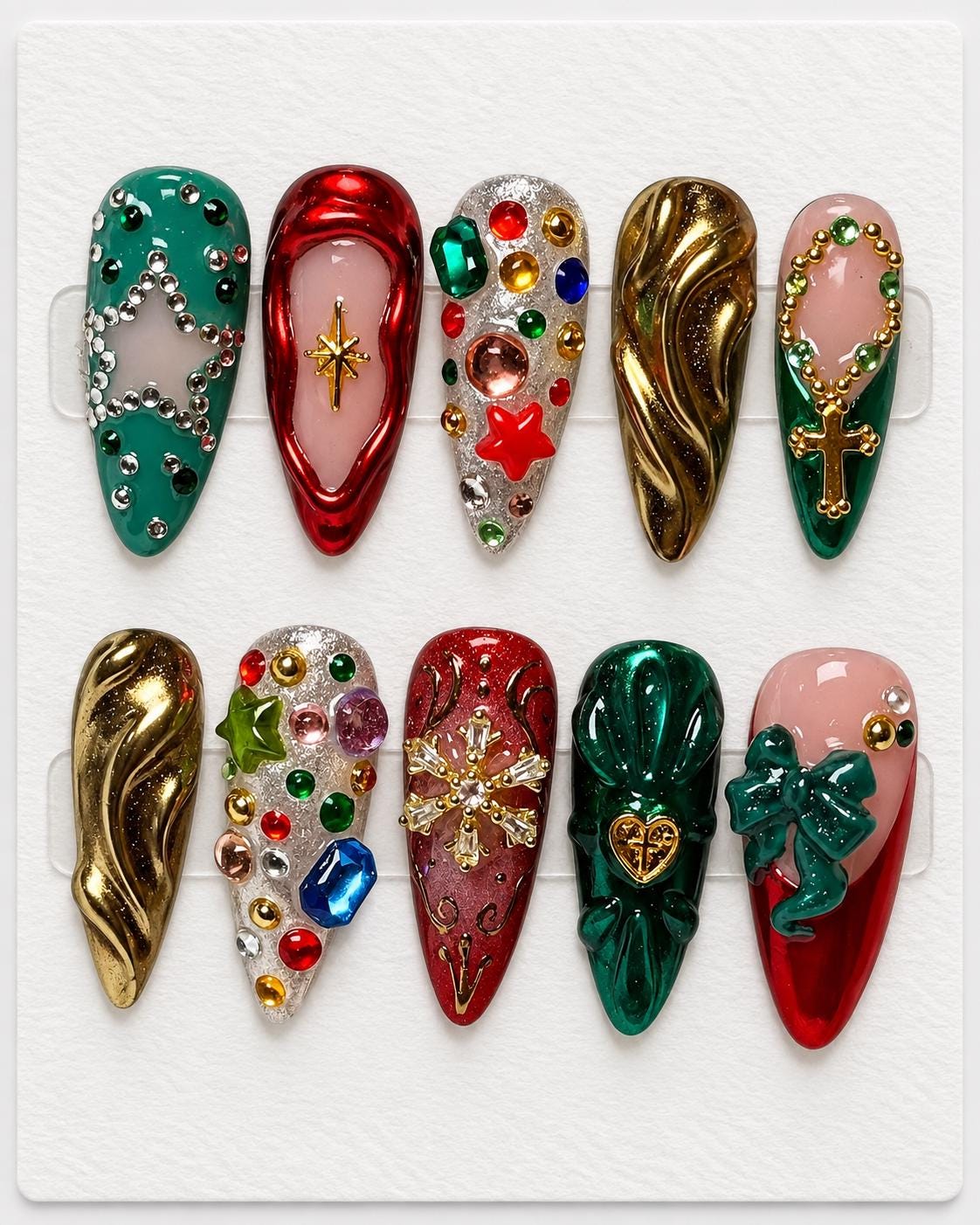 Christmas Red, Green and Gold 3D Charm Press On Nails