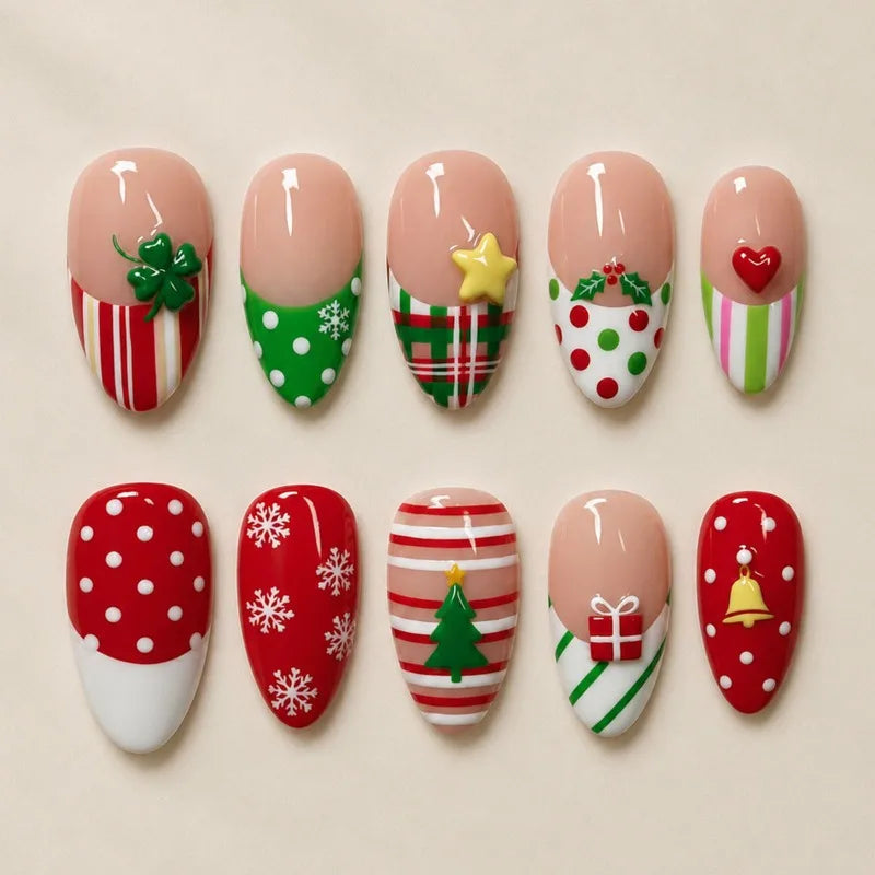 Christmas Red, Green and Pink Press-On Nails with Plaid, Snowflakes and Raised Accents