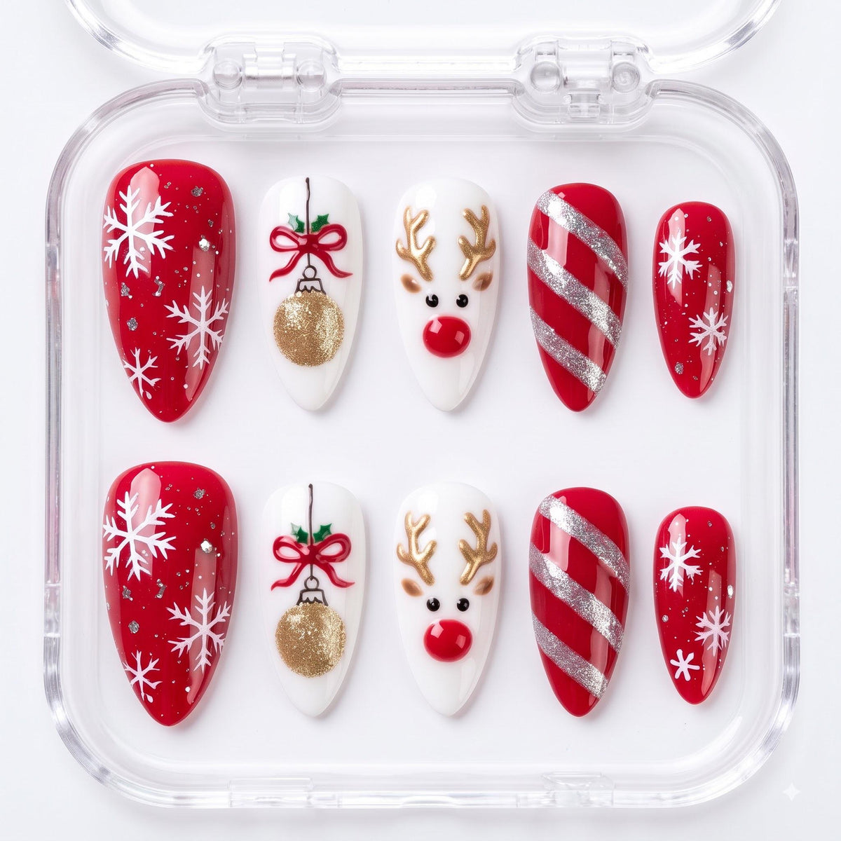 Christmas Reindeer, Ornament, Snowflake and Candy Cane Press On Nails