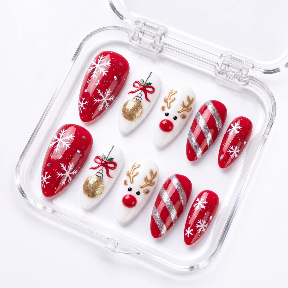 Christmas Reindeer, Ornament, Snowflake and Candy Cane Press On Nails