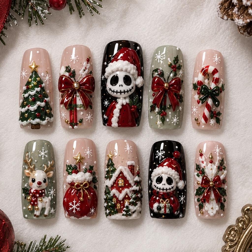 Christmas Santa Skull Press On Nails With 3D Bows and Holiday Art