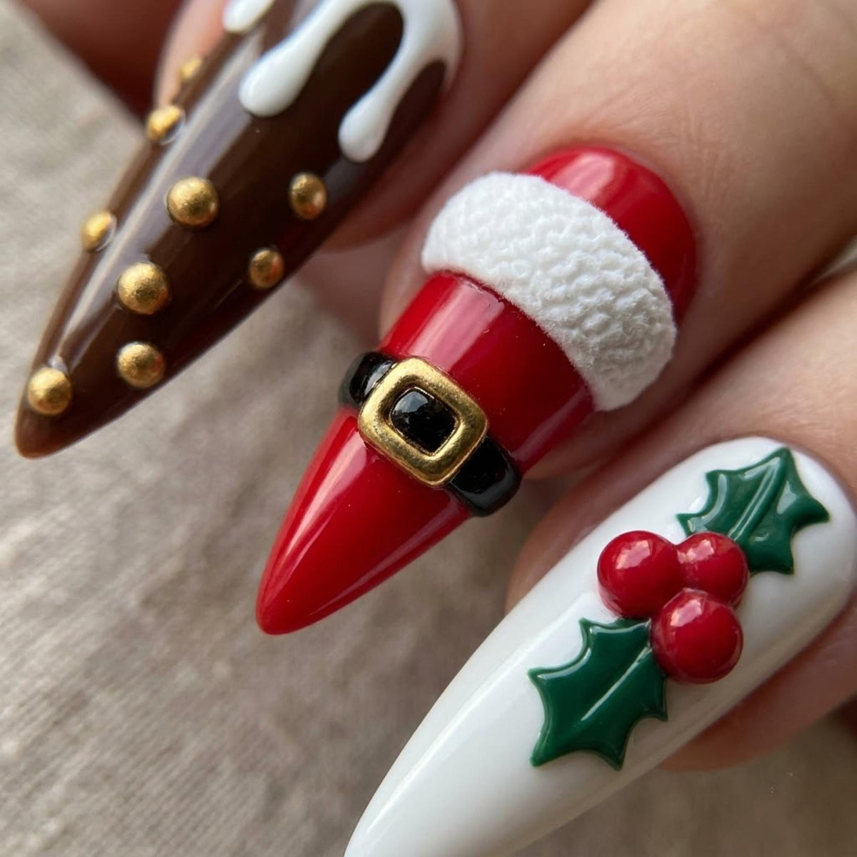 Christmas Santa Suit, Candy Cane and Holly Press-On Nail Set