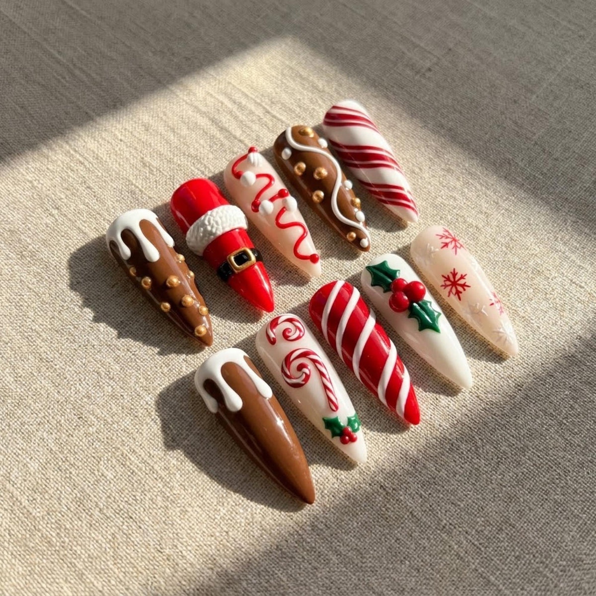Christmas Santa Suit, Candy Cane and Holly Press-On Nail Set