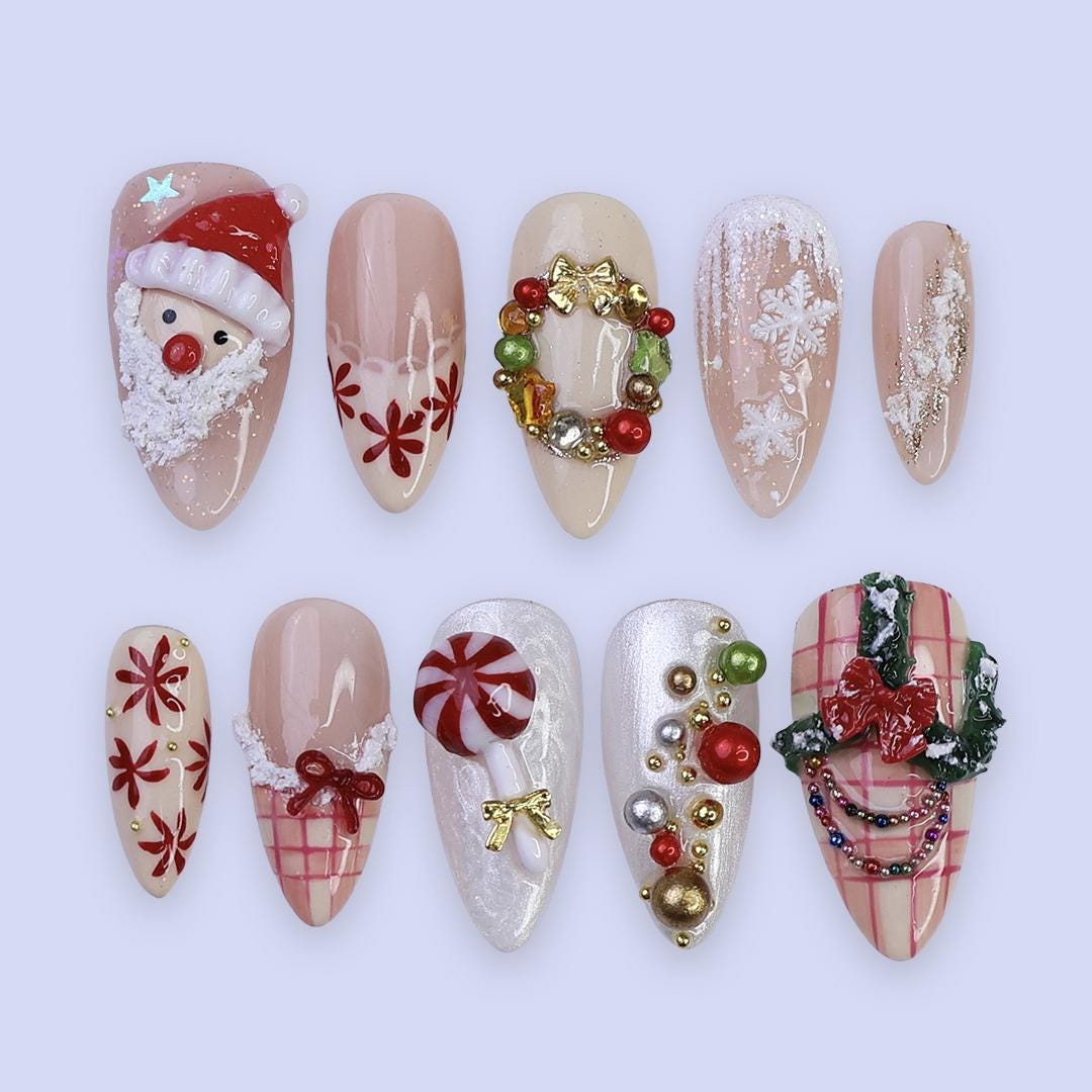 Christmas Santa, Wreath, Peppermint and Snowflake Nail Set
