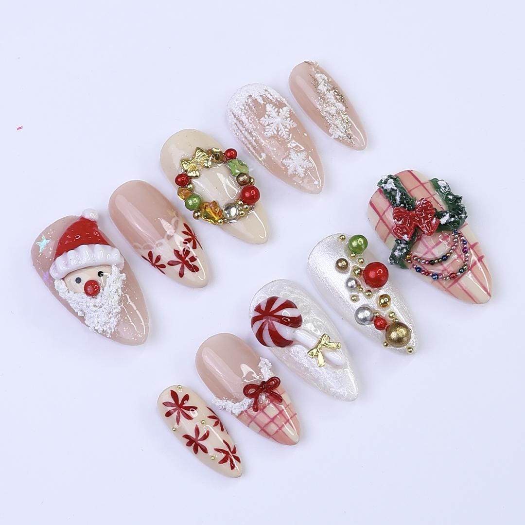 Christmas Santa, Wreath, Peppermint and Snowflake Nail Set