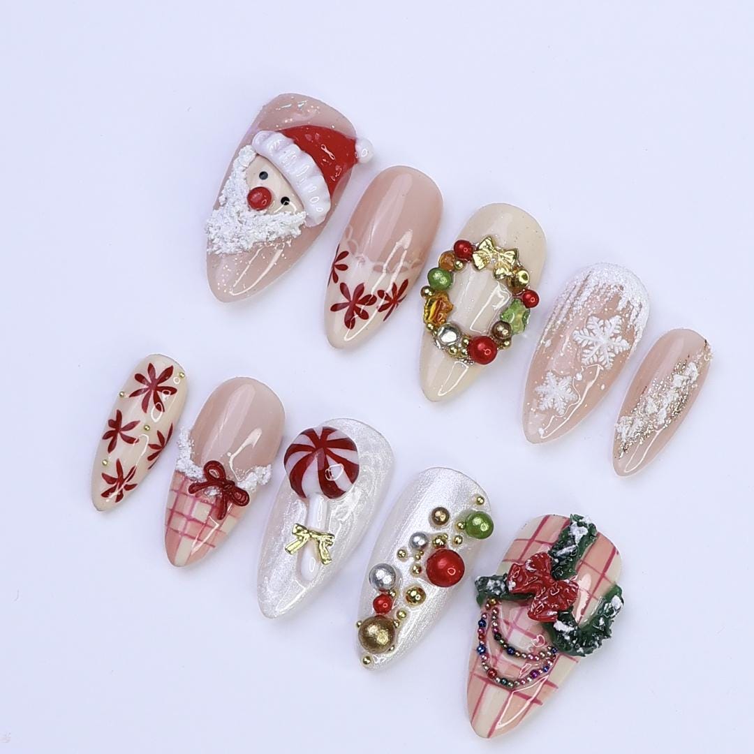 Christmas Santa, Wreath, Peppermint and Snowflake Nail Set