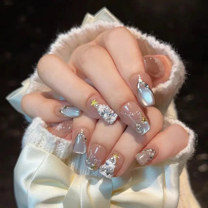 Christmas Silver-Blue Chrome Press-On Nails With Rhinestones