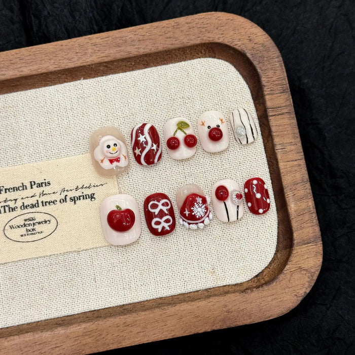 Christmas Snowman, Cherry & Bow Press On Nail Set