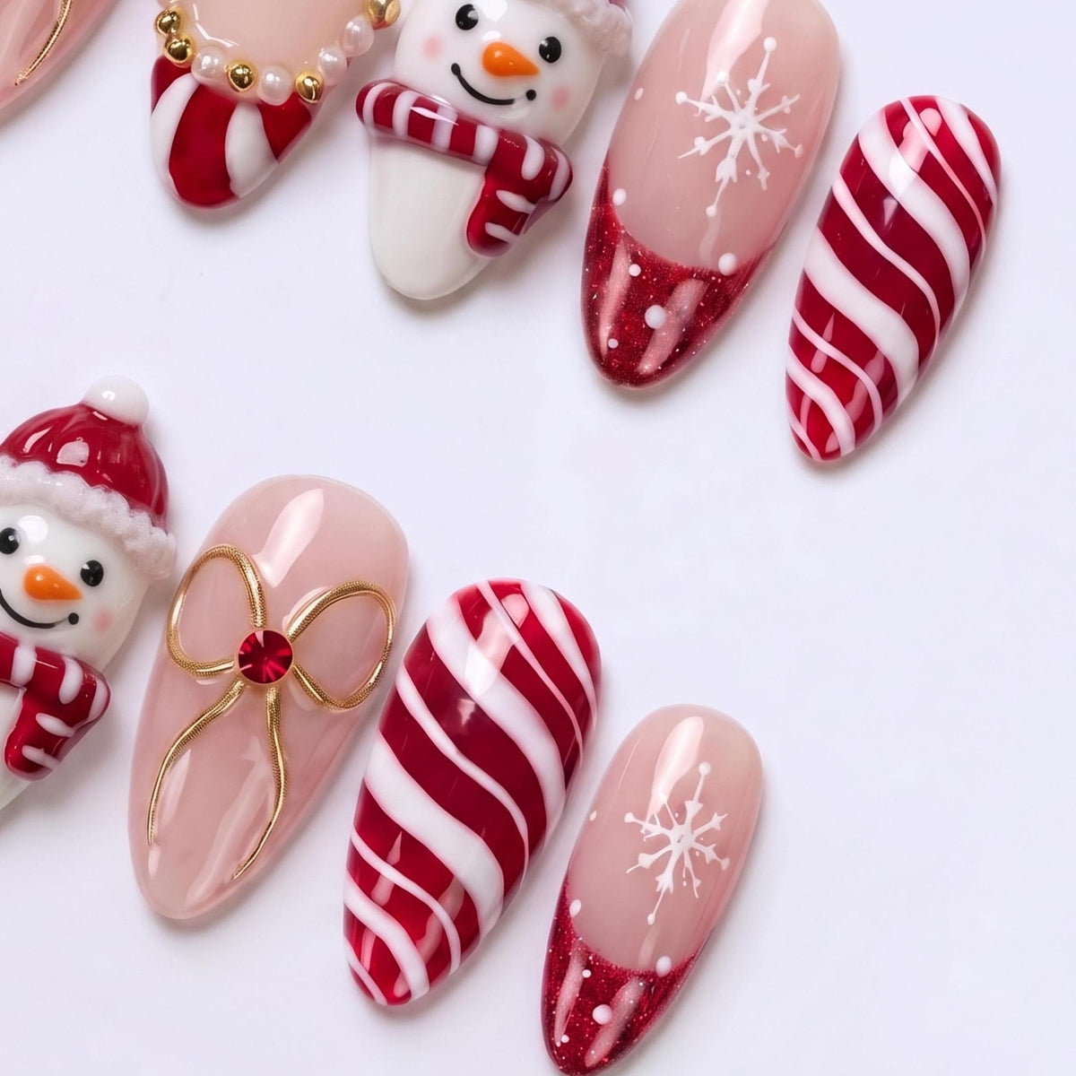 Christmas Snowman Press On Nails With Candy Cane Stripes, Red Glitter Tips, Pearls and Gold Bows