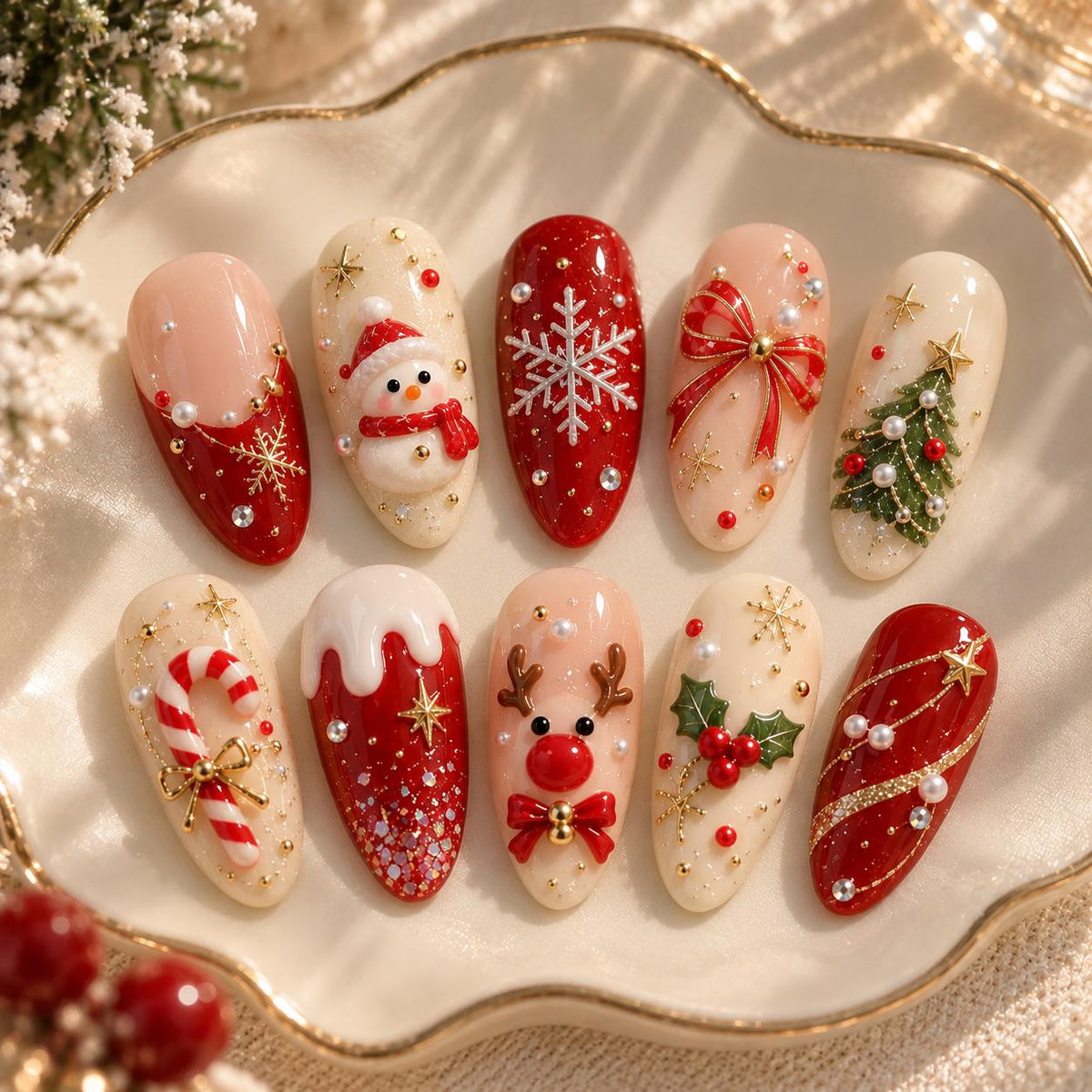Christmas Snowman, Reindeer & Candy Cane Nail Set