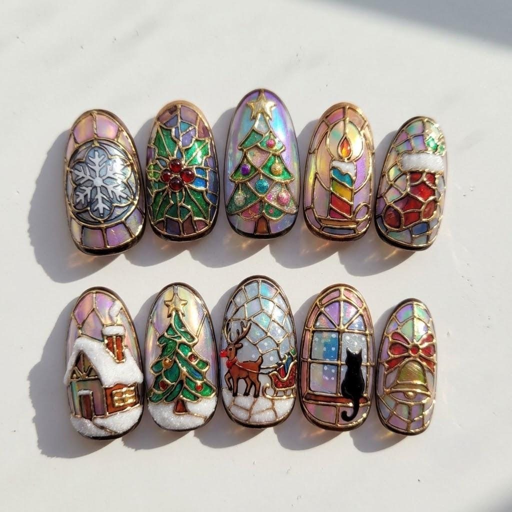 Christmas Stained Glass Nails With Gold-Toned Borders, Trees, Reindeer and Snowman