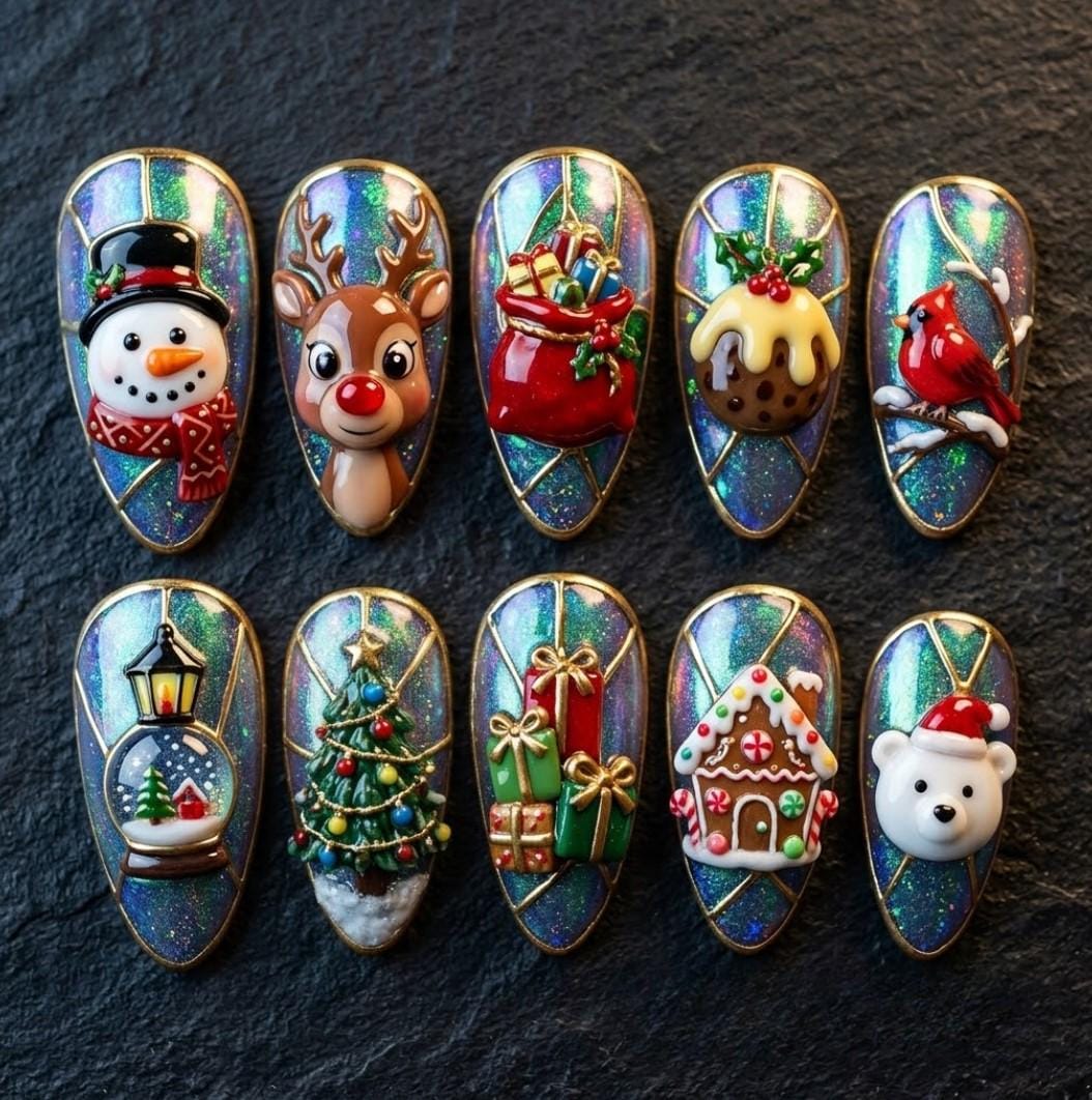 Christmas Stained Glass Press-On Nails with 3D Holiday Characters