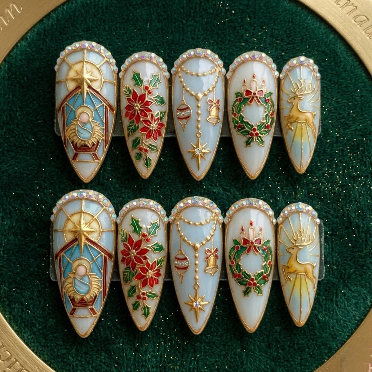 Christmas Stained Glass Press On Nails With Nativity, Poinsettias, Wreath, and Reindeer