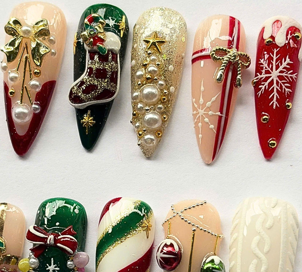 Christmas Stocking, Bow and Candy Cane Press On Nail Set