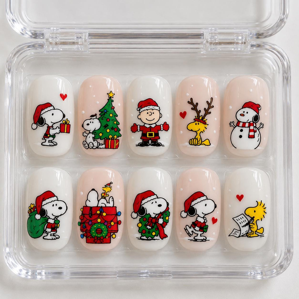 Christmas Storybook Press-On Nails With Cartoon Dogs, Santa, Trees and Snowmen