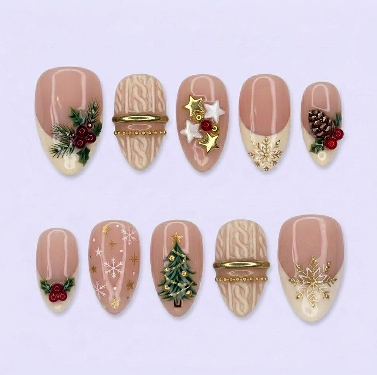 Christmas Sweater Press On Nails with Pinecones, Berries, Stars and Gold Details