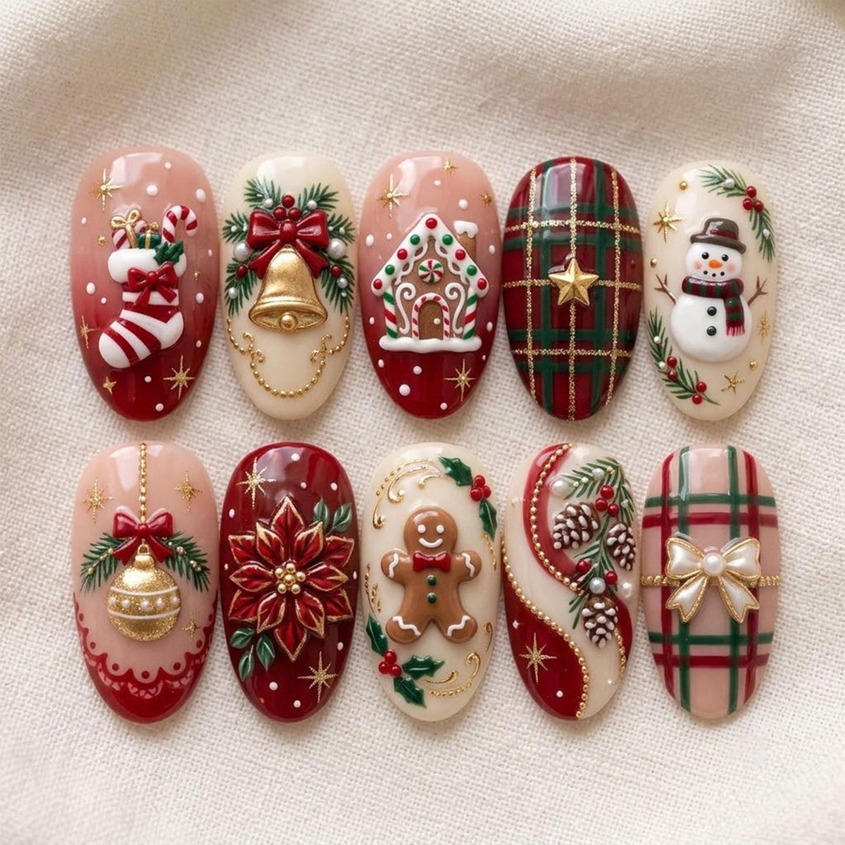 Christmas Tartan Plaid Press On Nails With Gingerbread, Snowman and Holiday Motifs