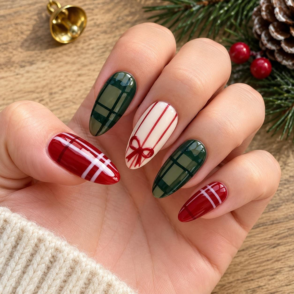 Christmas Tartan Press-On Nails with Painted Red Bows