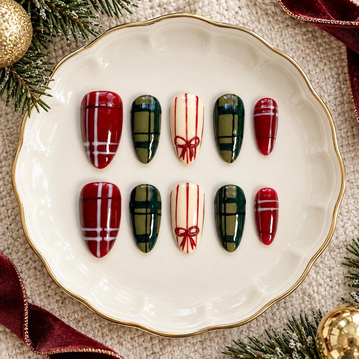 Christmas Tartan Press-On Nails with Painted Red Bows