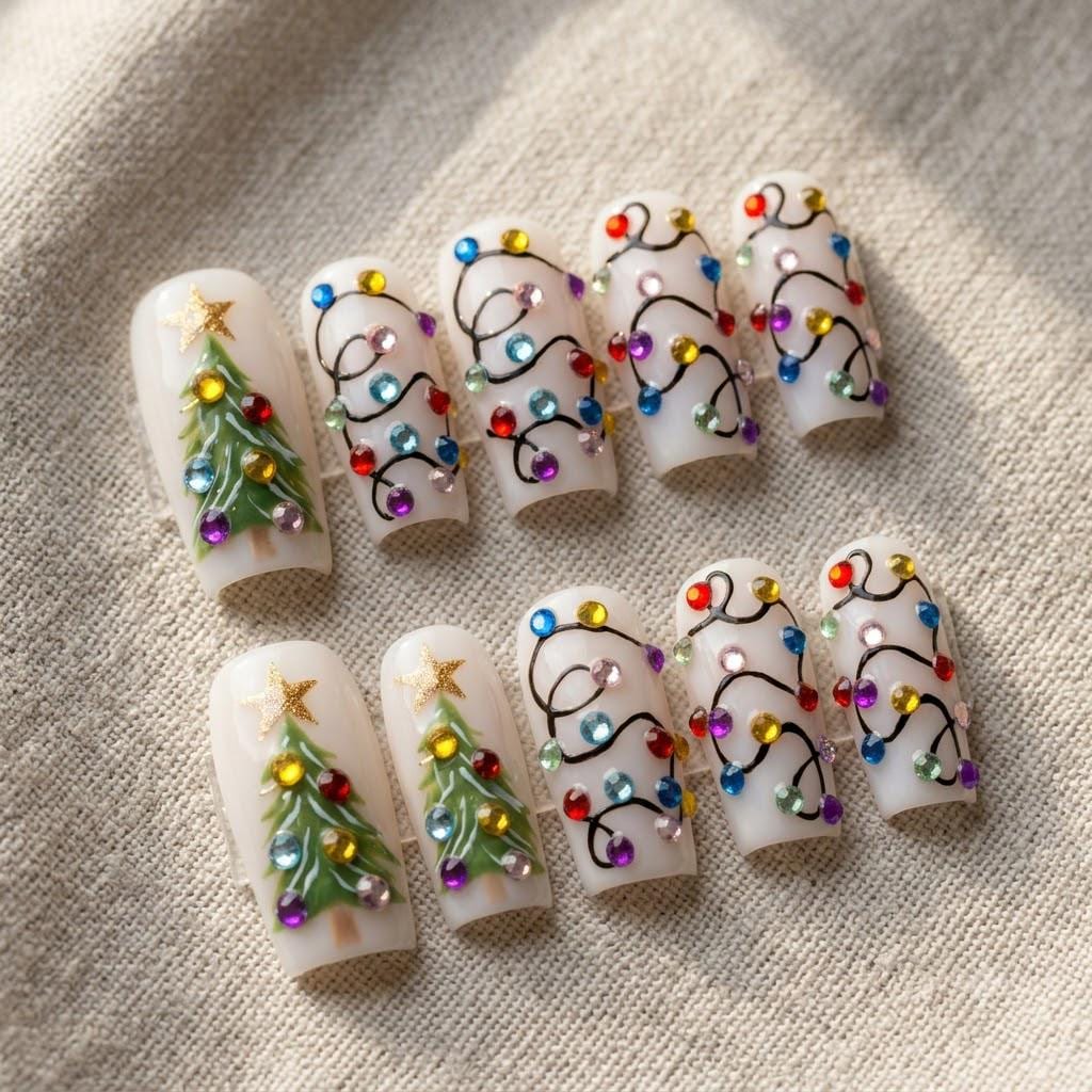 Christmas Tree and Colorful Rhinestone String Light Press On Nails