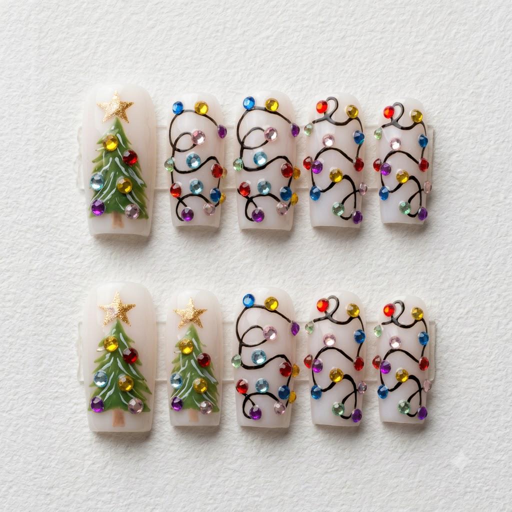 Christmas Tree and Colorful Rhinestone String Light Press On Nails
