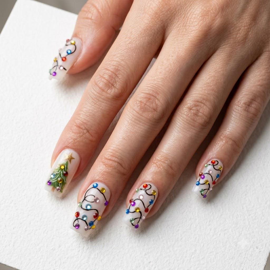 Christmas Tree and Colorful Rhinestone String Light Press On Nails