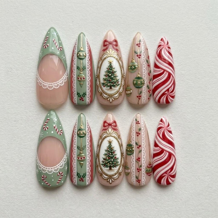 Christmas Tree, Candy Cane & Ornament Press On Nail Set in Sage Green and Red