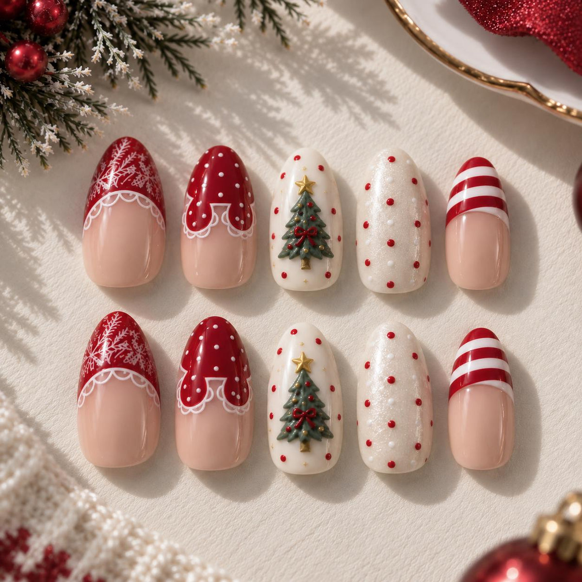 Christmas Tree Press-On Nails With Red Tips, Snowflakes and Stripes