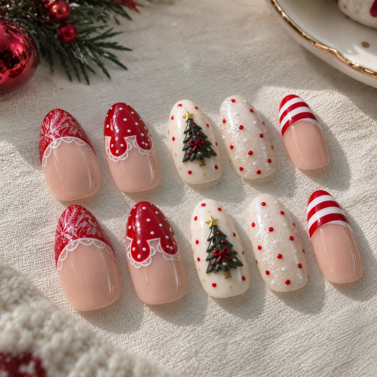 Christmas Tree Press-On Nails With Red Tips, Snowflakes and Stripes