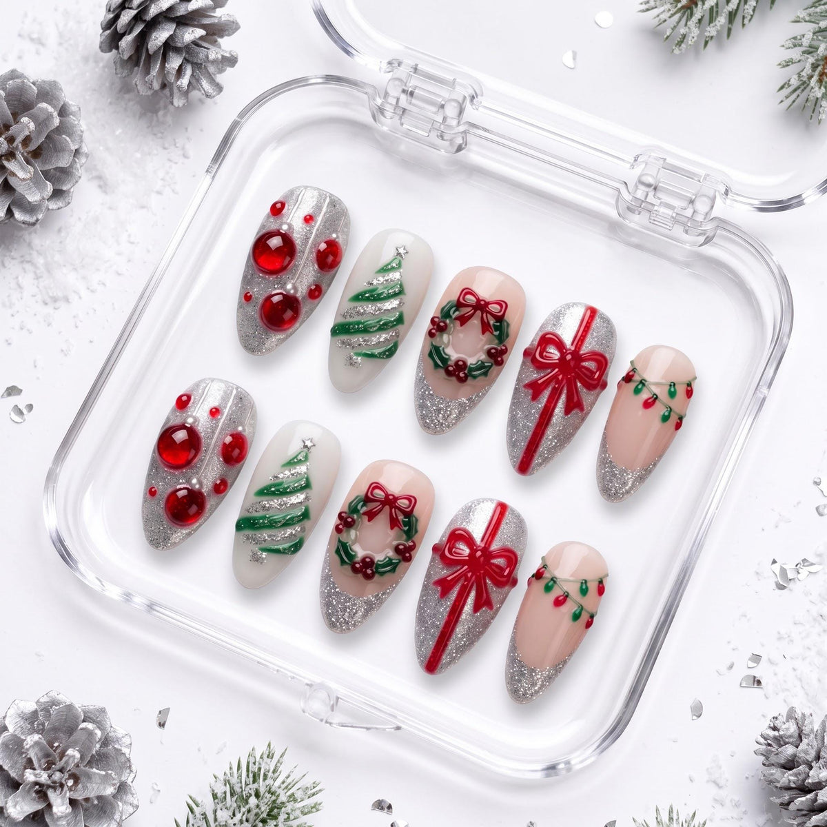 Christmas Tree, Wreath and Red Bow Nails with Silver Glitter Tips