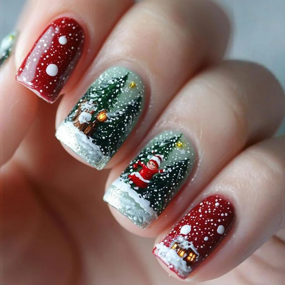 Christmas Village Press On Nails with Snowy Evergreen Scenes
