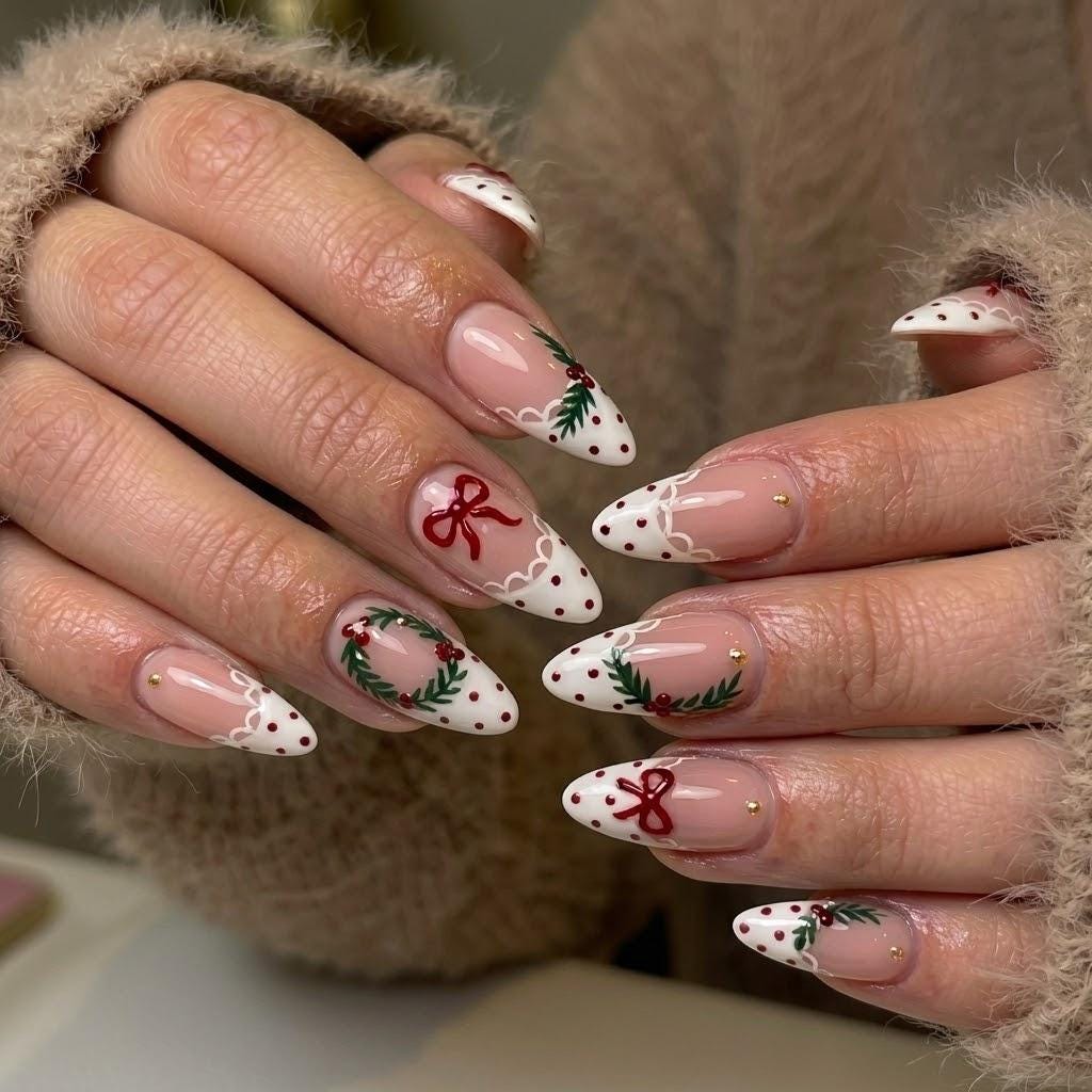 Christmas Wreath and Red Bow French Tip Nail Set