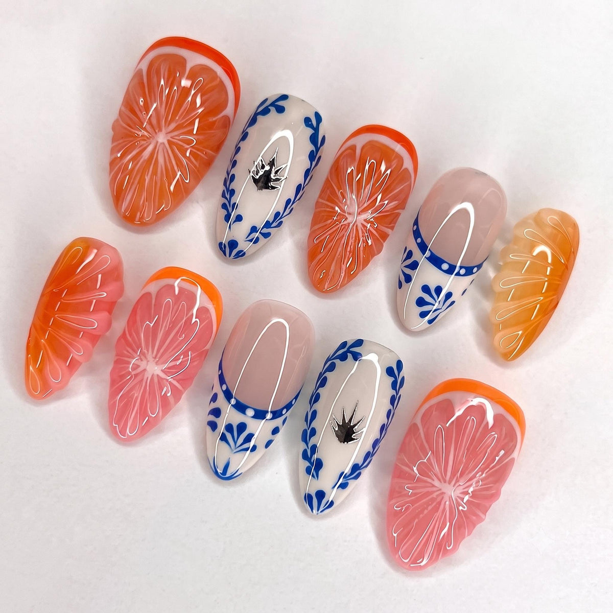 Citrus and Blue-and-White Porcelain Pattern Press-On Nails