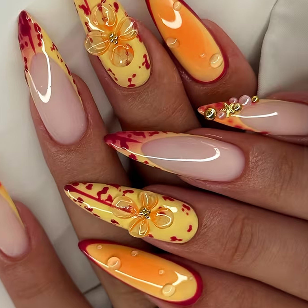 Citrus Flame Press-On Nails With 3D Flowers and Bubble Details