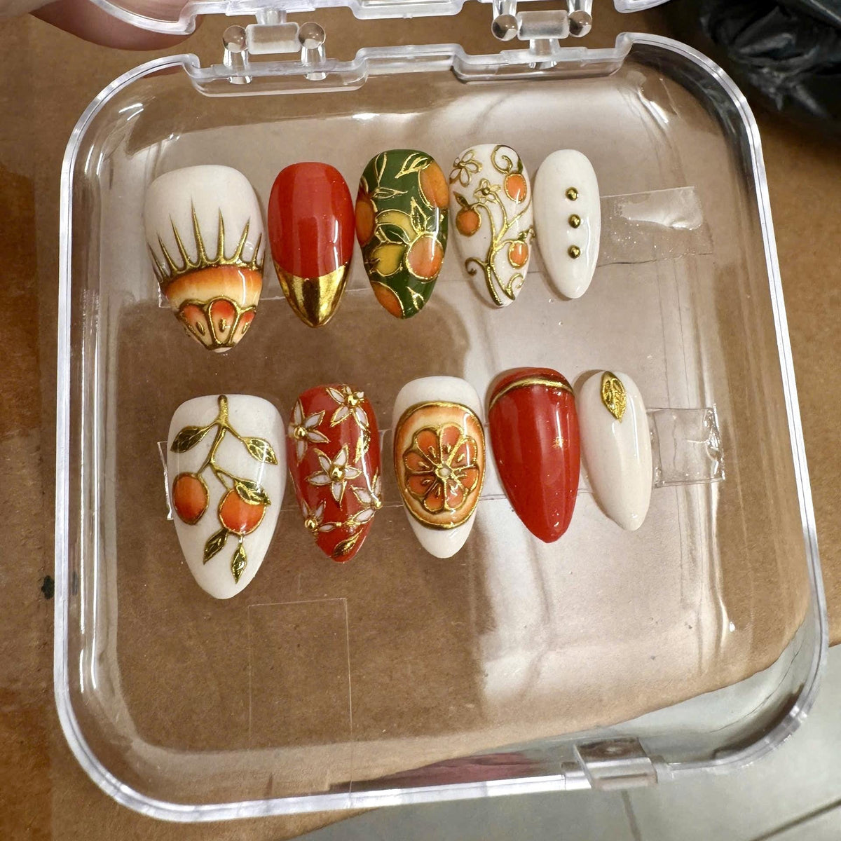 Citrus Orange and Blossom Press-On Nail Set With Gold Botanical Details