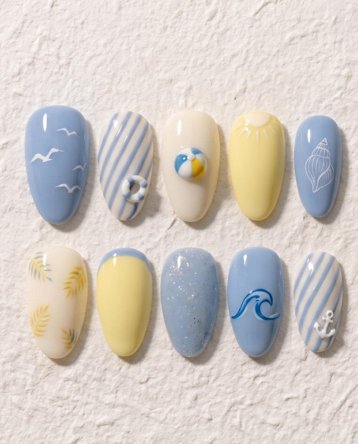 Coastal Blue and Yellow Beach Nail Set With Seashells and Wave Art