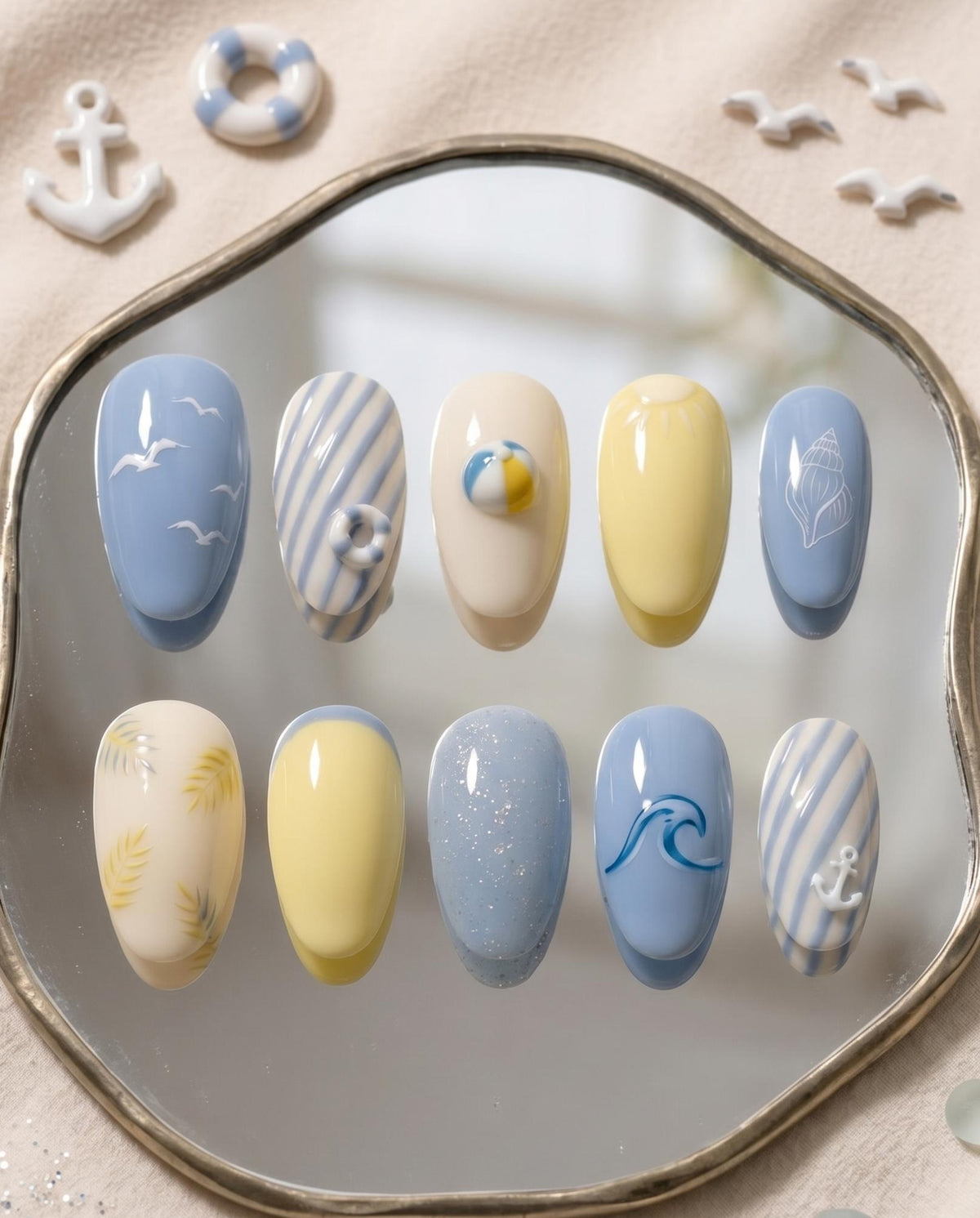 Coastal Blue and Yellow Beach Nail Set With Seashells and Wave Art