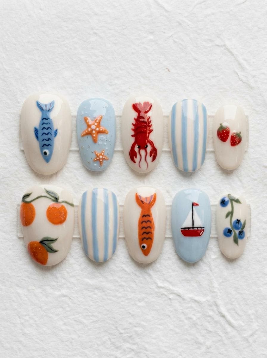 Coastal Summer Press On Nails with Sea Life, Citrus, Berries and Stripes