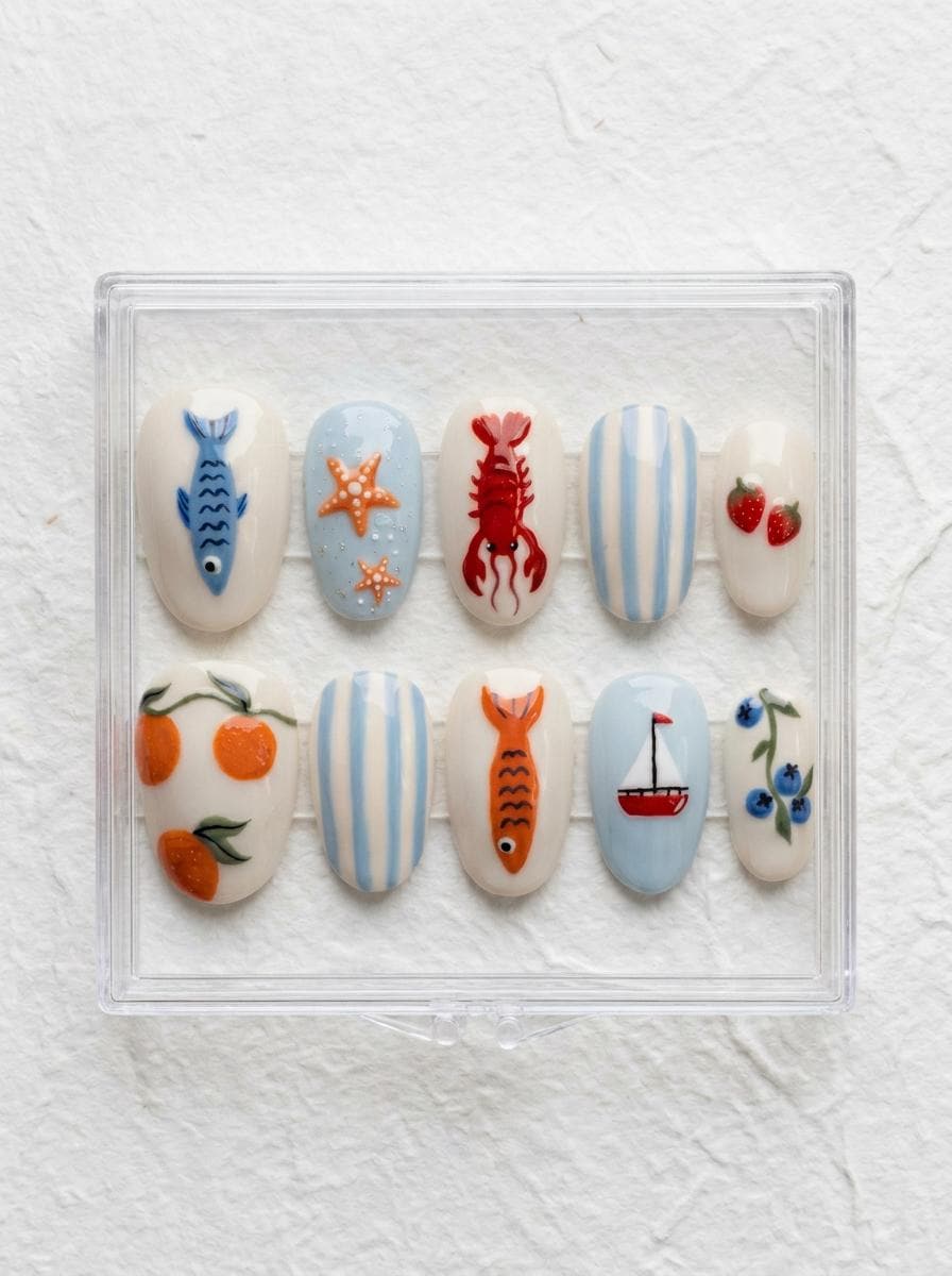 Coastal Summer Press On Nails with Sea Life, Citrus, Berries and Stripes
