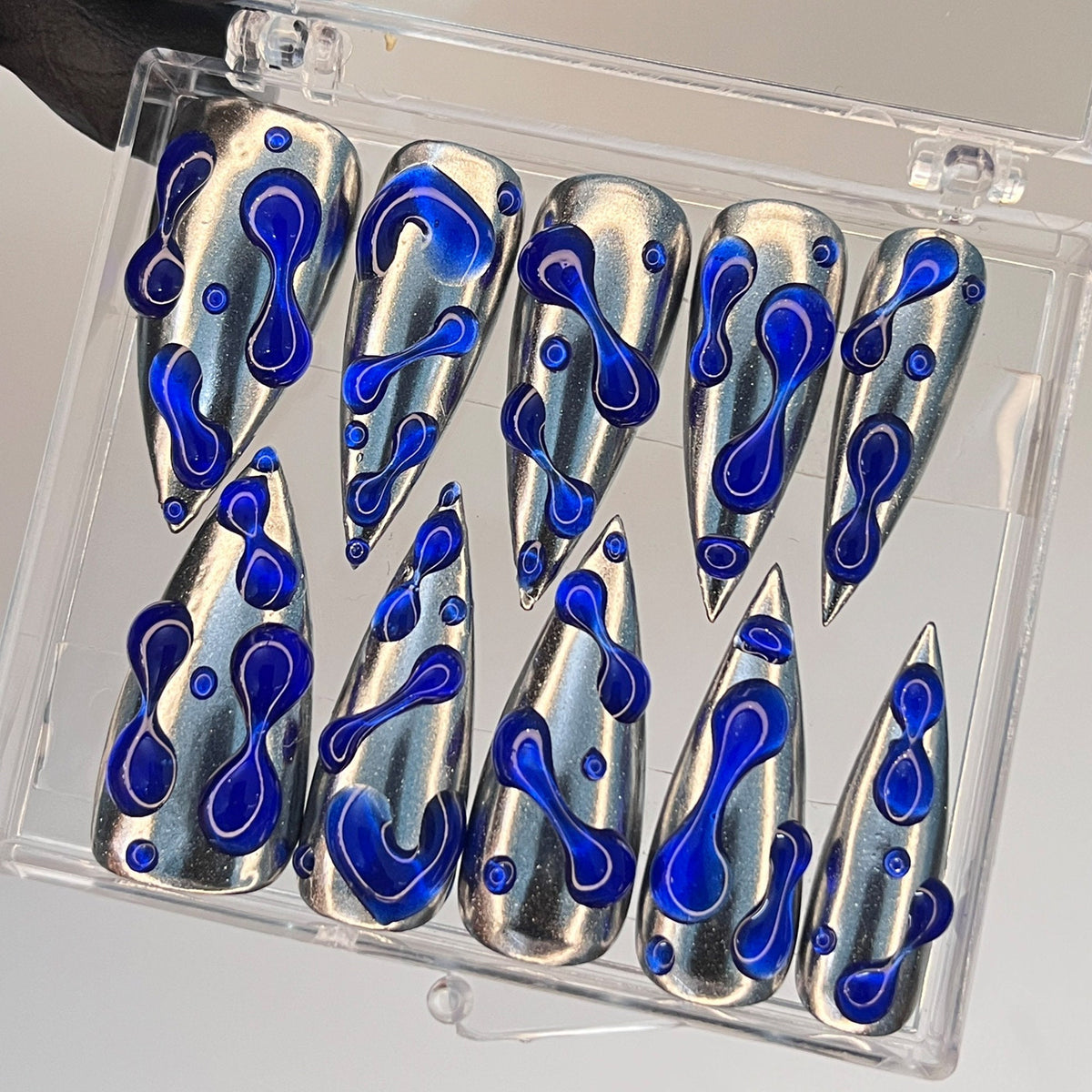 Cobalt Blue 3D Gel Drops on Reflective Silver Press-On Nails