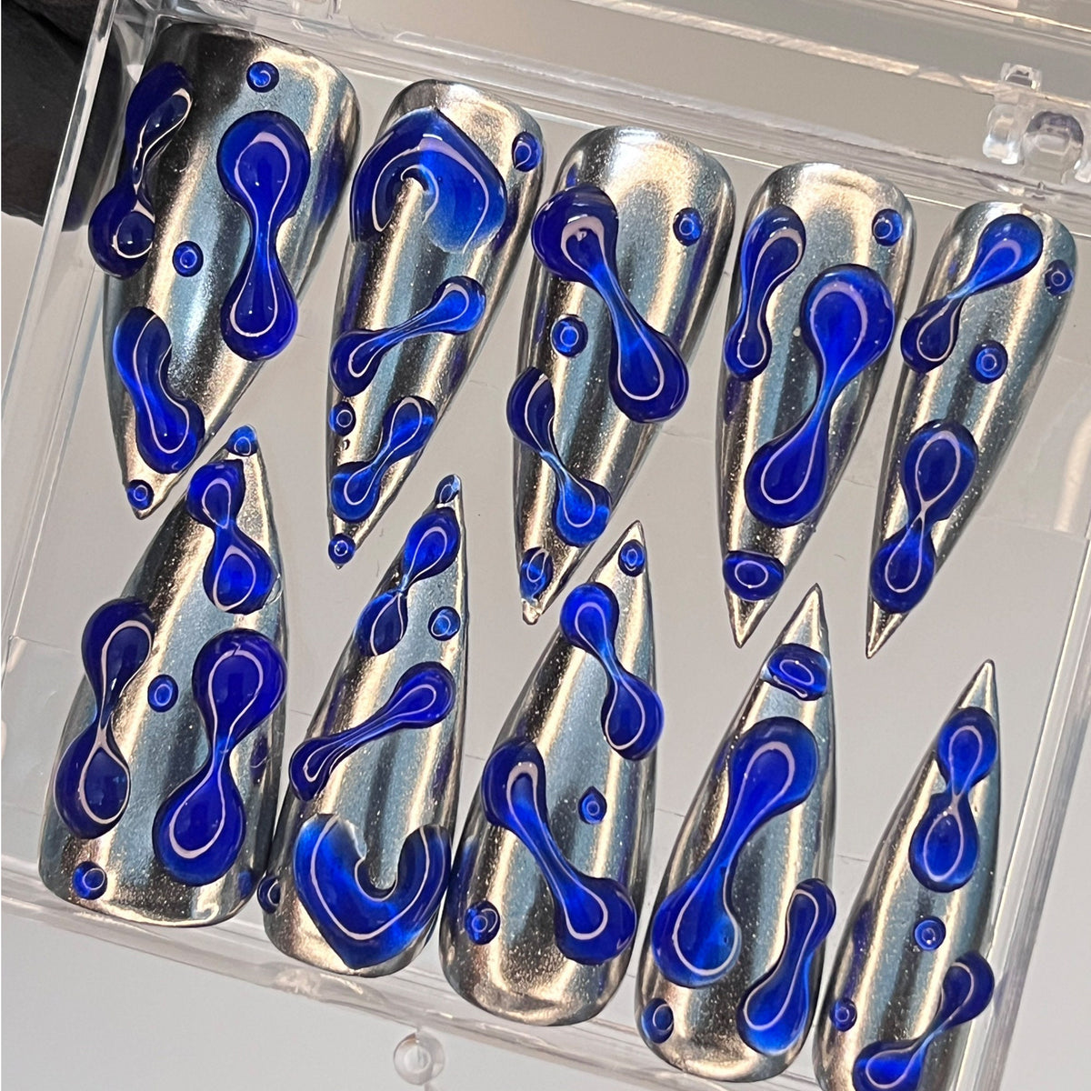 Cobalt Blue 3D Gel Drops on Reflective Silver Press-On Nails