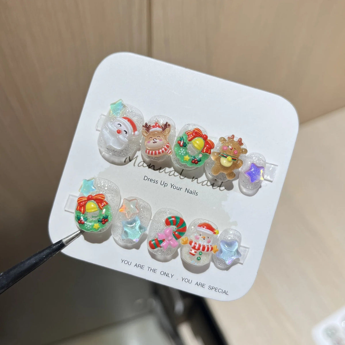 Colorful 3D Christmas Wreath and Character Press-On Nails