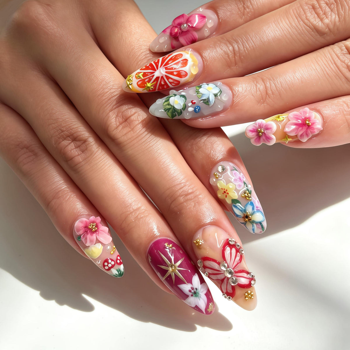 Colorful 3D Floral Press-On Nails with Citrus Art and Rhinestones