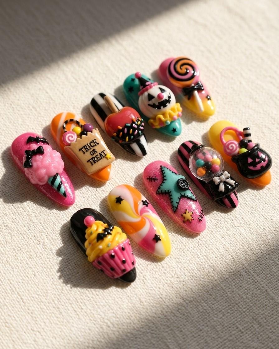 Colorful 3D Halloween Candy and Ghost Press On Nails