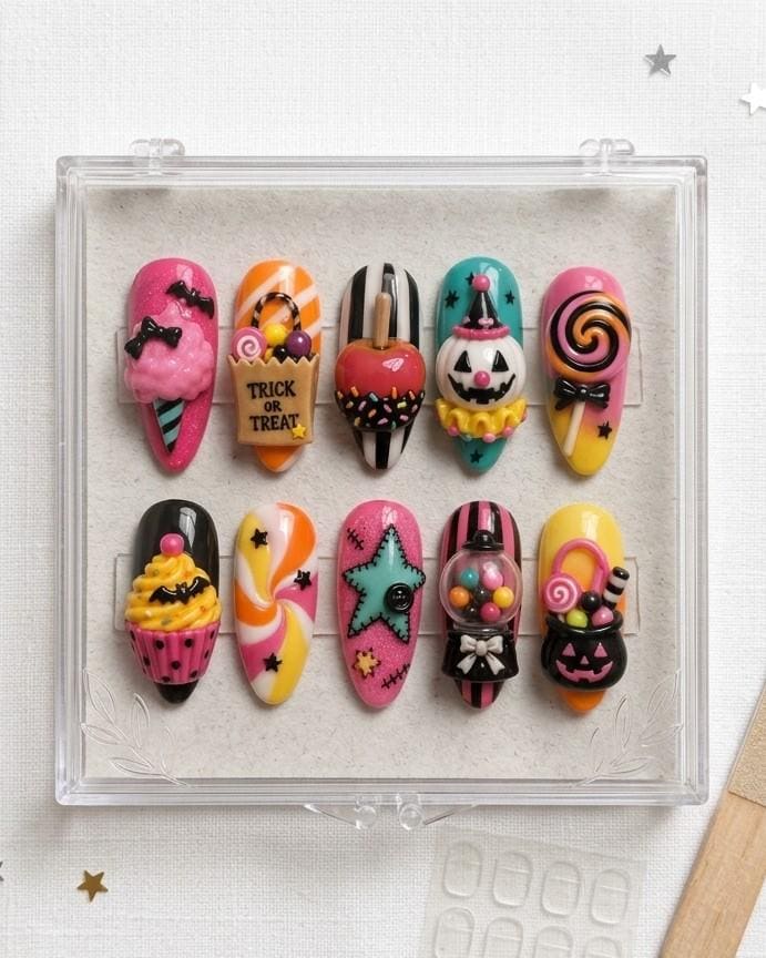 Colorful 3D Halloween Candy and Ghost Press On Nails