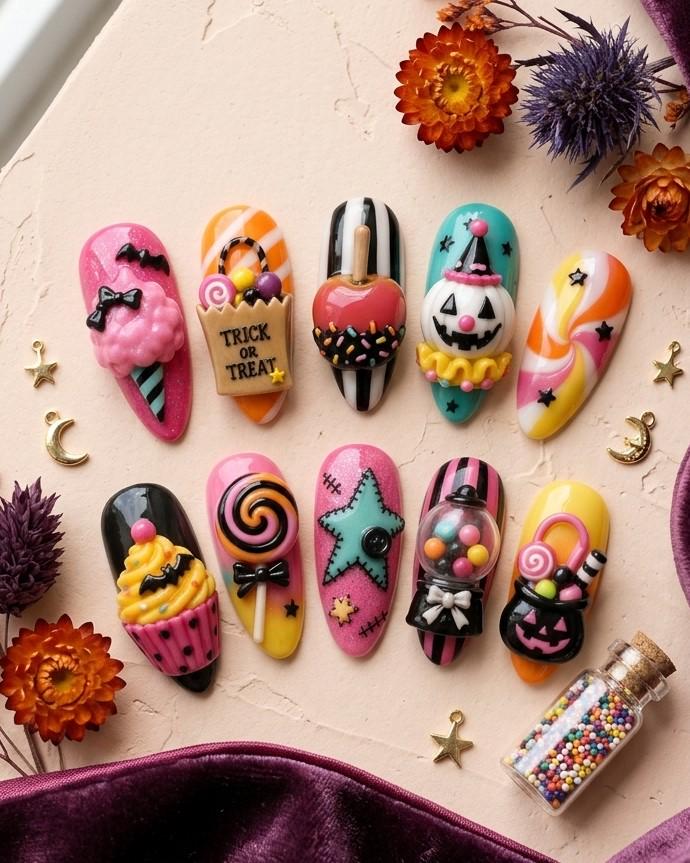 Colorful 3D Halloween Candy and Ghost Press On Nails