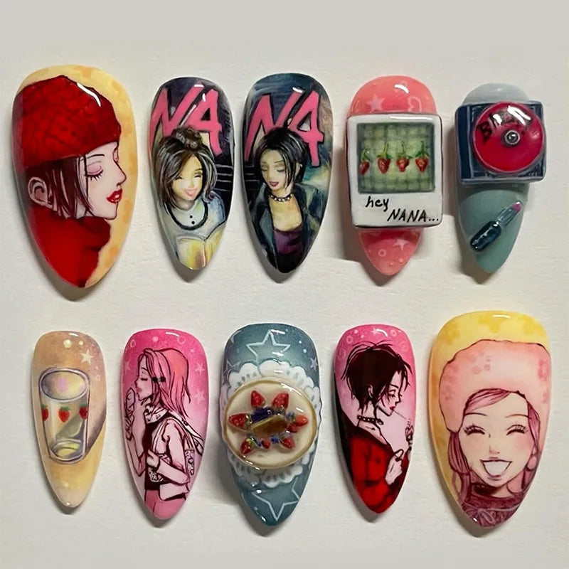 Colorful Anime Portrait Nails with Strawberries, Stars and Raised Accents