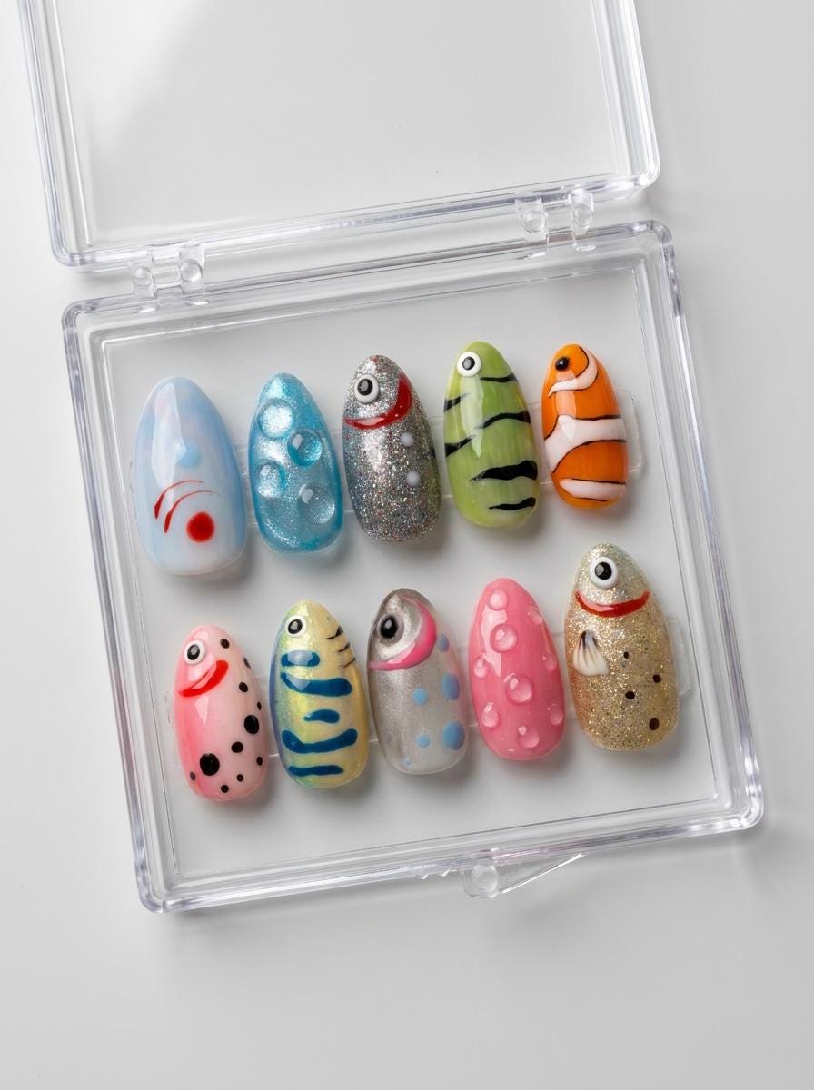 Colorful Aquarium Fish Summer Nails With Raised Bubble Details